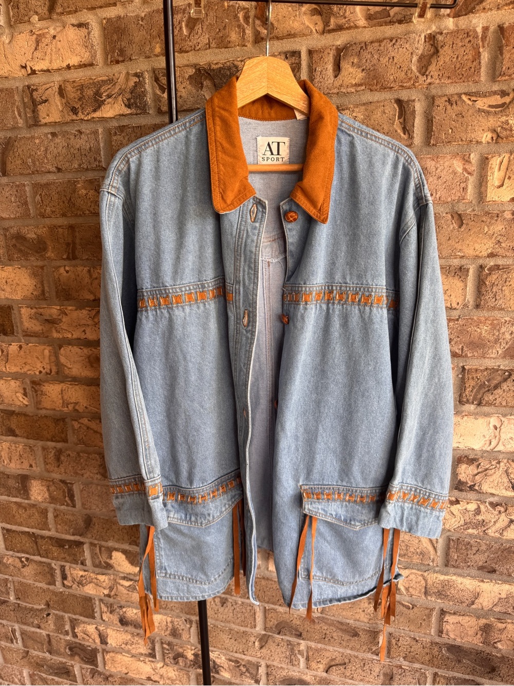 Vintage AT Sport Denim Jacket S Fringe Western Southwestern Boho Oversized - Picture 5 of 16